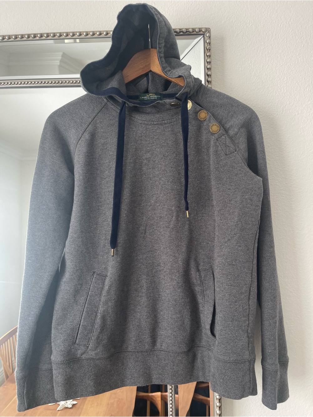 Lauren jeans Ralph Lauren side closure Gray Hooded Sweatshirt with Button Detail
